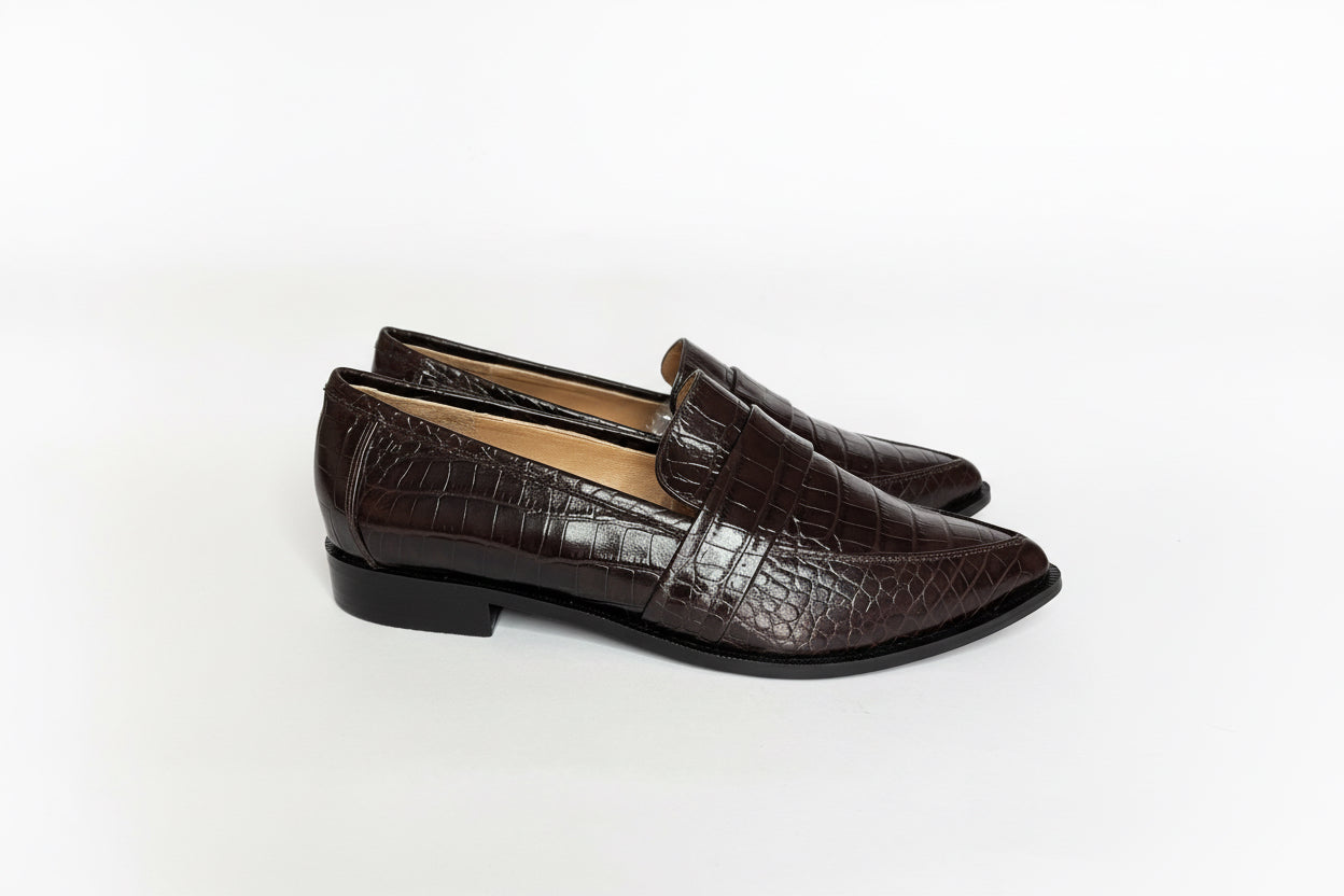 Mocasines Flaviana en Cuero Croco Café Moro