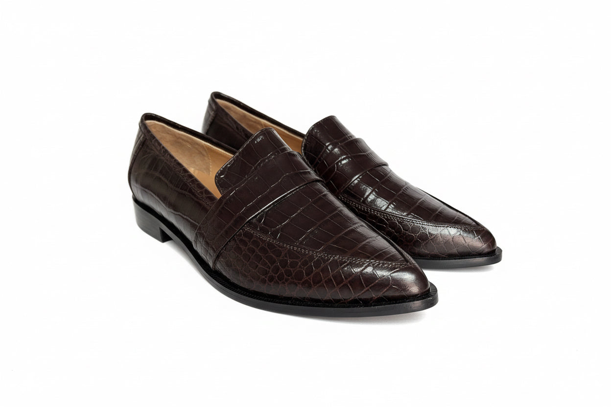 Mocasines Flaviana en Cuero Croco Café Moro
